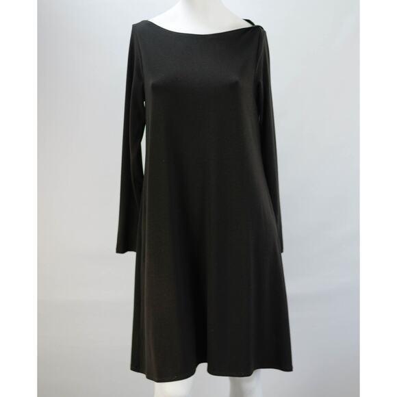 Eileen Fisher Dark Brown Long Sleeve Tuck Collar A-Line Dress Sz Petite M - Picture 1 of 4